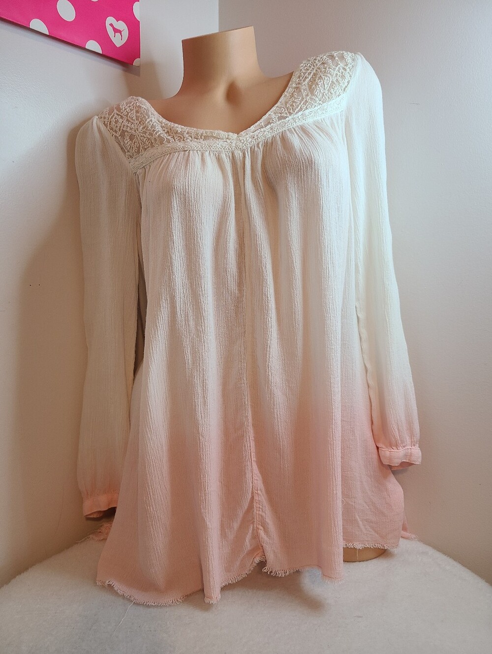 Free People Angelic Ombré Long Sleeve Lace Yoke Tunic Top Size Sm